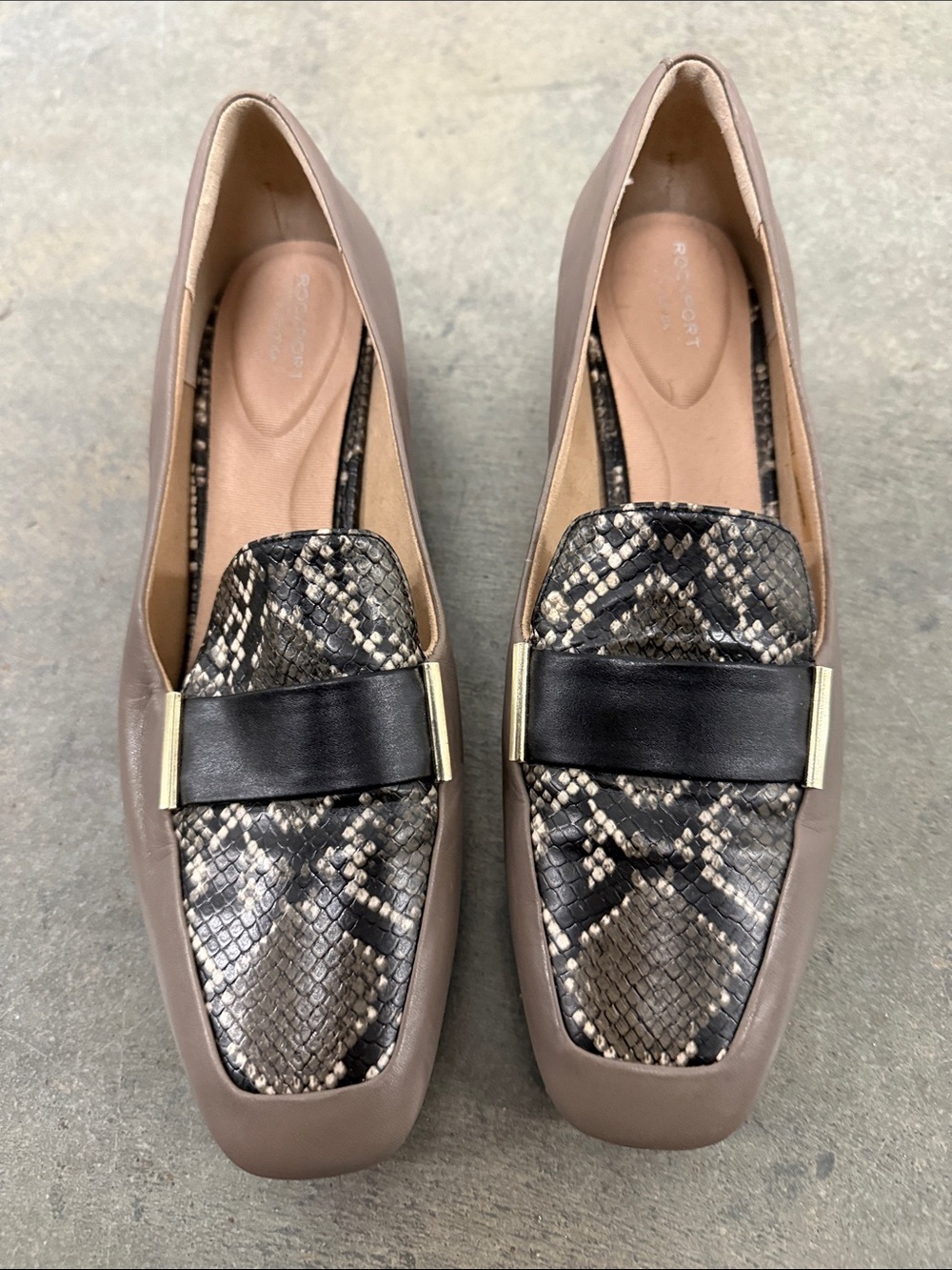 Rockport Taupe Loafers with Snake-Print Vamp and Black Strap